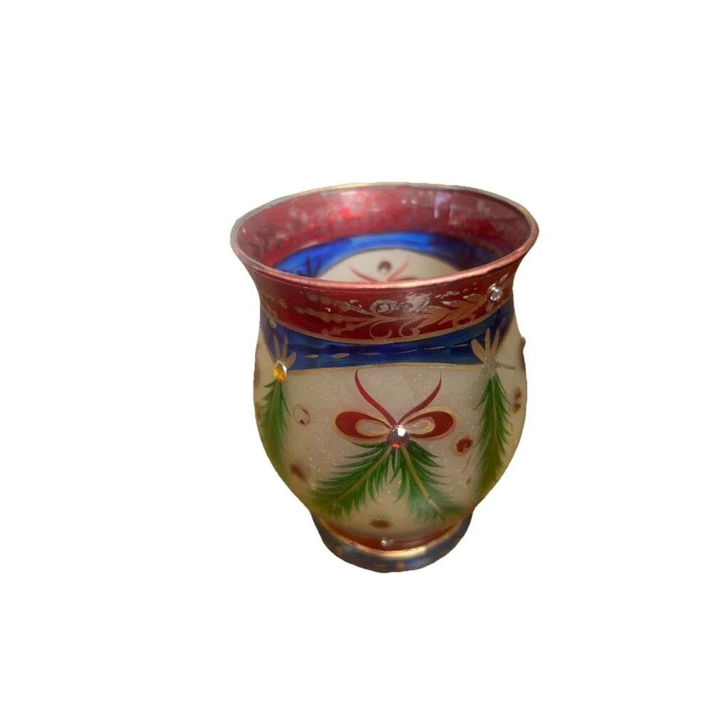 Vintage 2004 Christmas Glass Candle Holder Cups Set of 3 4” Hand Painted